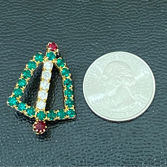 Vintage Green Red Clear Rhinestone Christmas Bell Small Pin Brooch - Picture 6 of 9